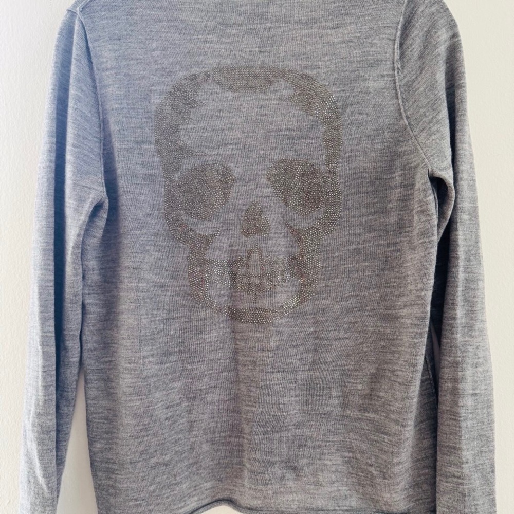 Zadig & Voltaire Gray V-Neck Sweater with Skull Design